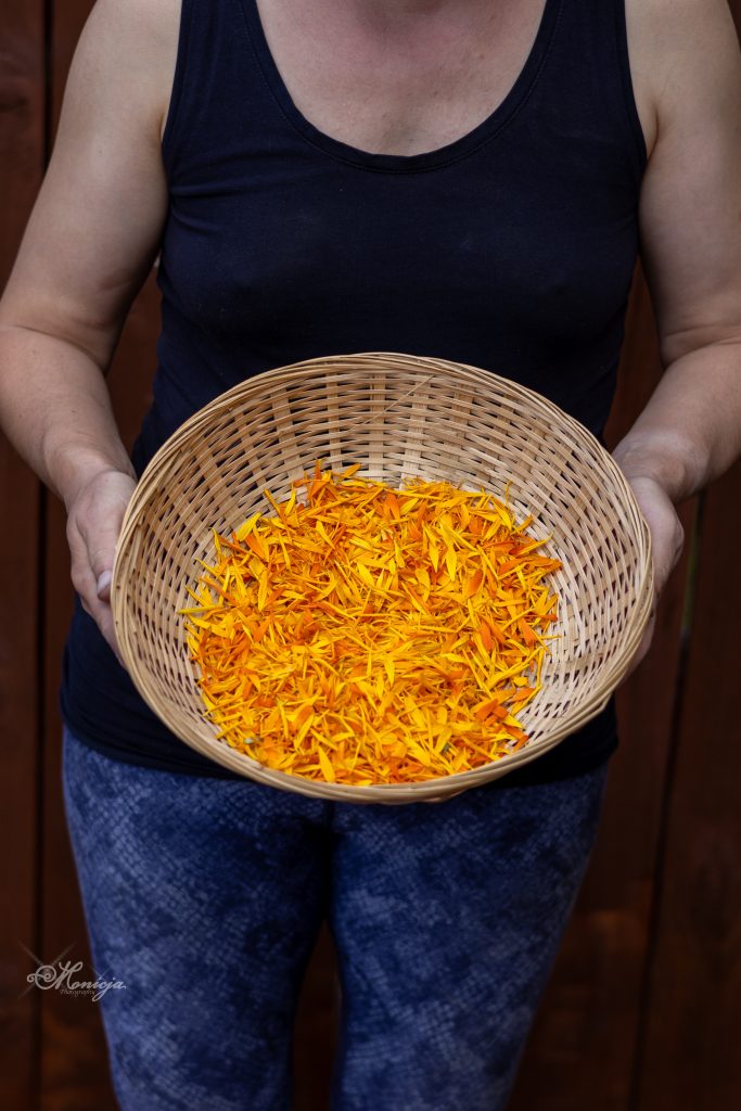 Person holding a round rattan bowl filled with bright orange marigold petals—symbol of ritual, self-care, and mindful living.
