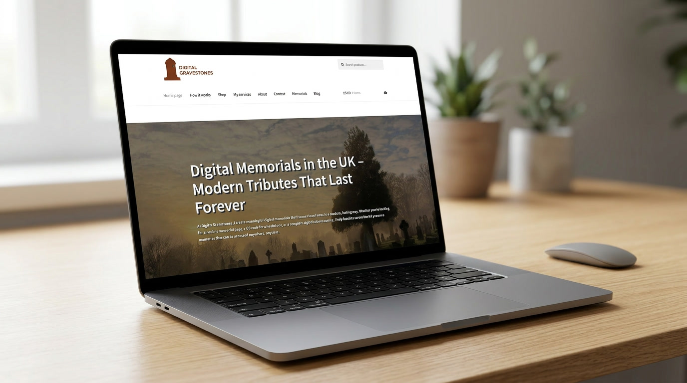 Laptop mockup showing the Digital Gravestones website homepage on screen with digital memorial services in the UK.
