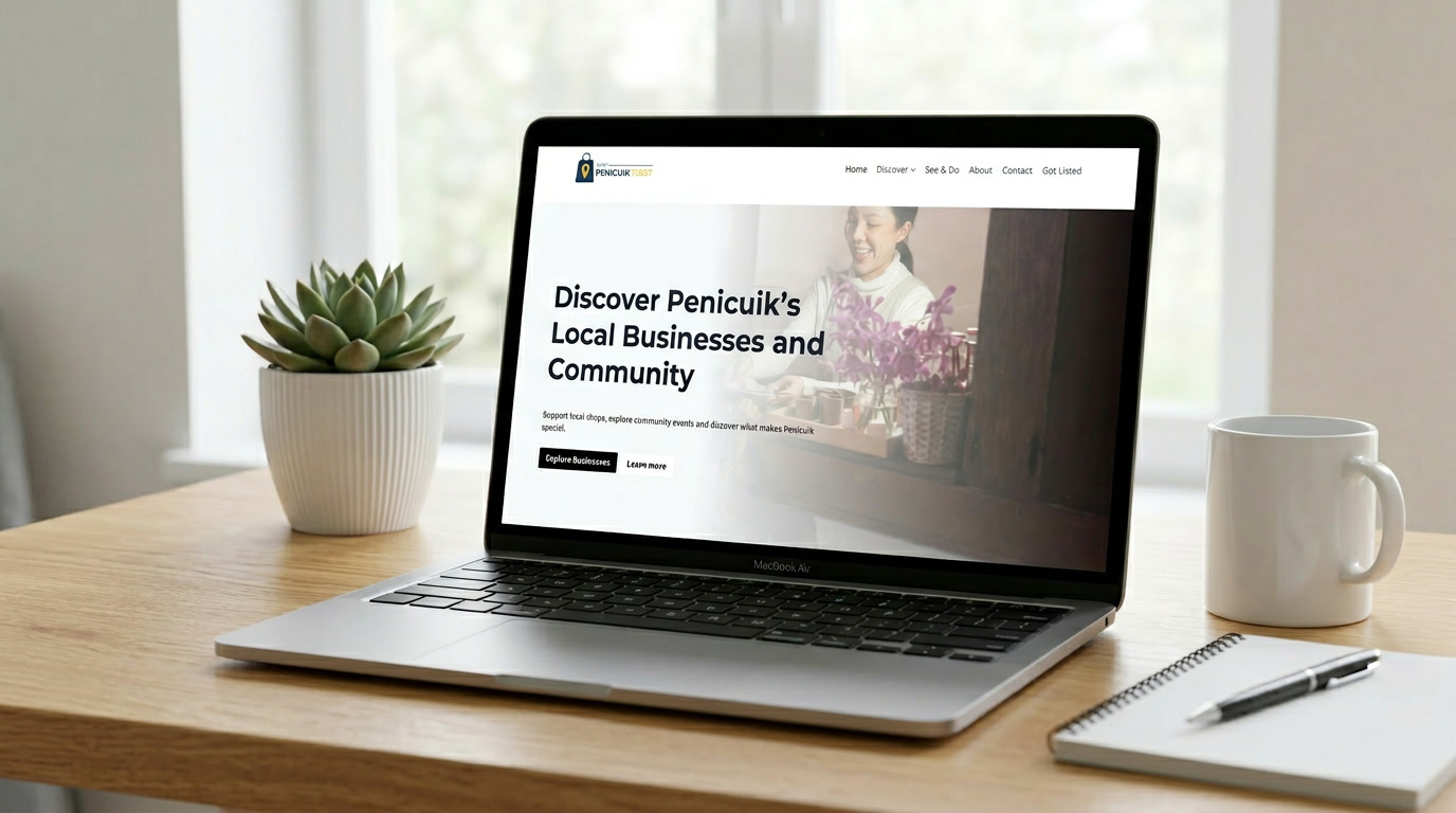 Laptop mockup showing the Discover Penicuik website homepage promoting local businesses and community in Penicuik.