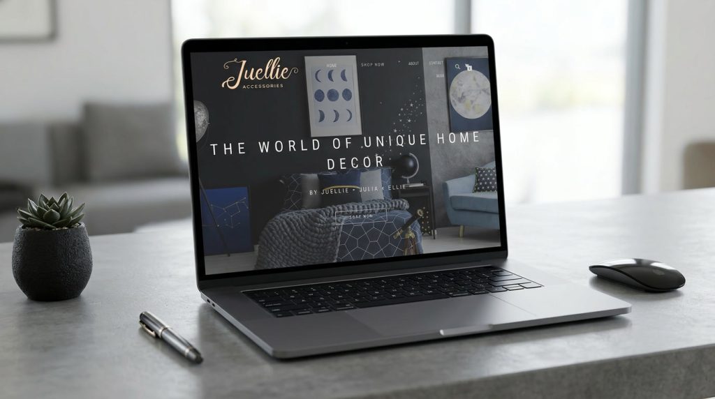 Laptop mockup showing the Juellie Accessories website homepage for unique home décor and accessories.
