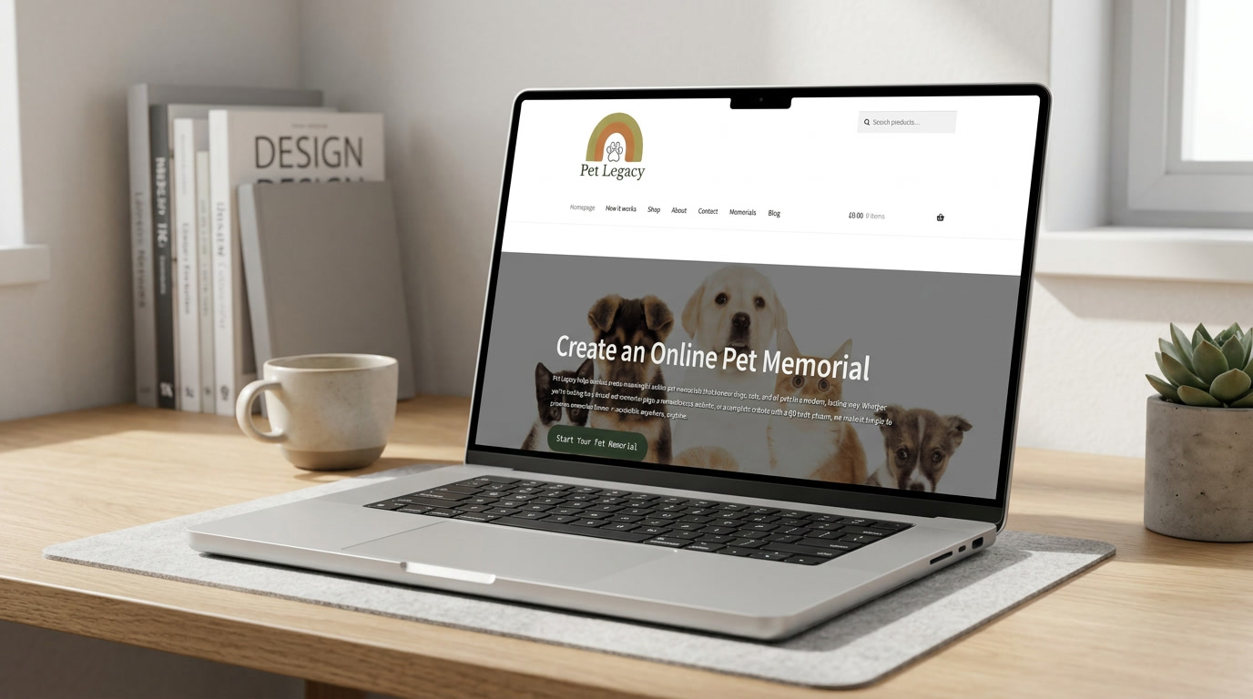 Laptop mockup showing the Pet Legacy website homepage for online pet memorials and remembrance services.