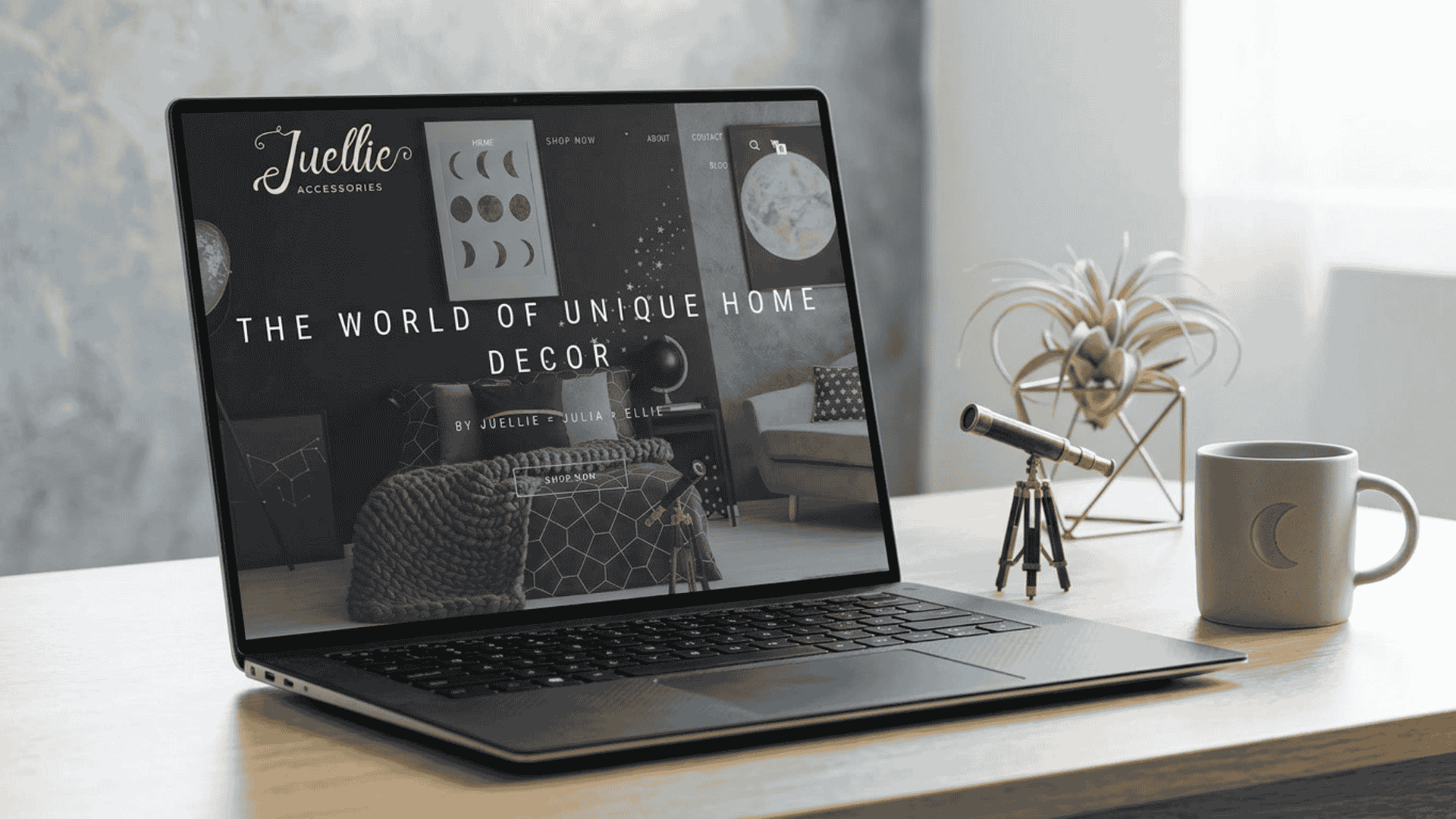 Laptop mockup displaying the Juellie Accessories website on screen, styled as a modern website design portfolio image for Start and Snap.