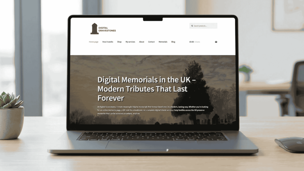 start-and-snap-website-design-portfolio-digital-gravestones-laptop-mockup Website design portfolio mockup by Start and Snap showing the Digital Gravestones website displayed on a laptop screen.