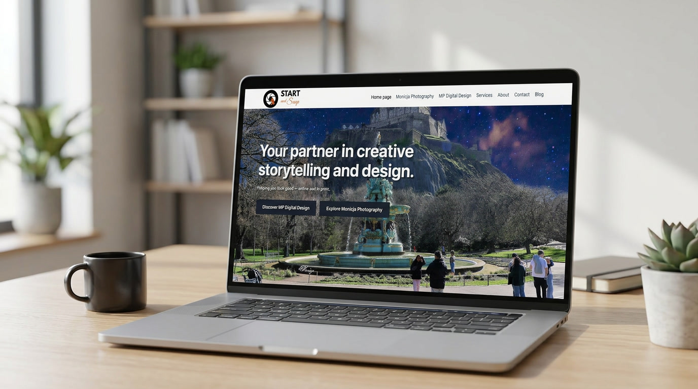 Laptop mockup showing the Start and Snap website homepage on screen for a creative design and storytelling business.