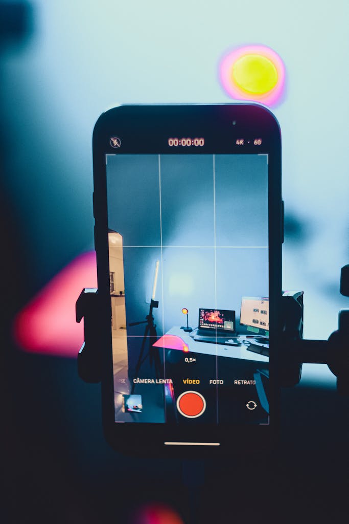 Photo by Anderson Martins Close-up of a smartphone recording a vibrant creative studio setup with colorful lights.