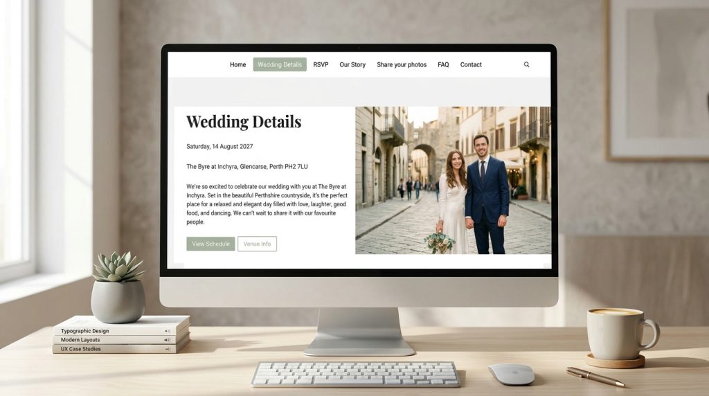 MacBook mockup displaying a custom wedding website FAQ page with RSVP questions, guest information and a contact form.