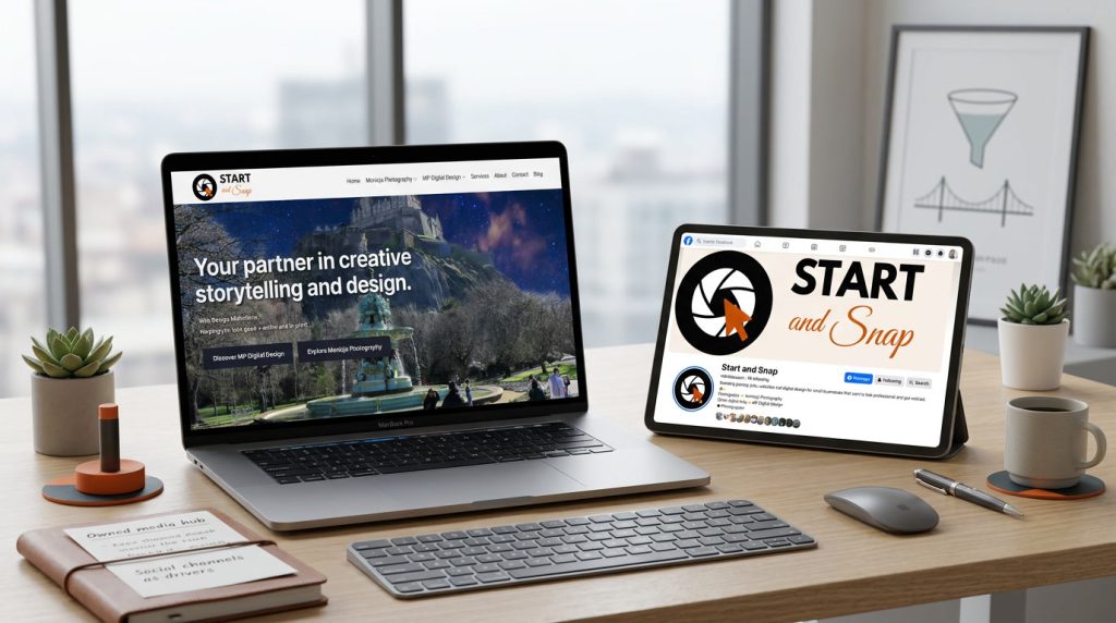 Laptop showing a small business website beside a tablet showing a Facebook business page in a modern workspace.