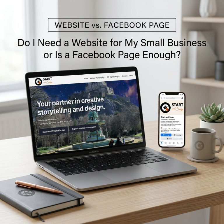 Laptop showing a small business website next to a phone showing a Facebook business page, illustrating website vs Facebook page for small businesses.
